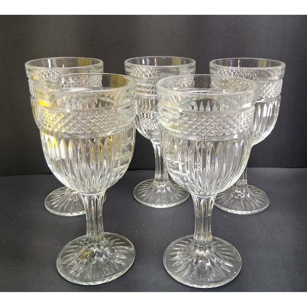 5 Vintage Libby Radiant 7.25" Water/Wine Goblets Diamonds ‎ & Vertical Lines